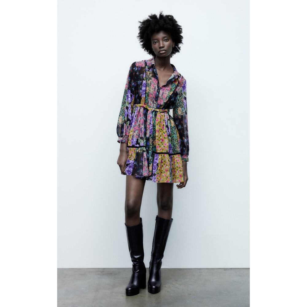 ZARA NWT Mini Short Boho Long Sleeve Dress Floral Button Belted Ruffle Black XS